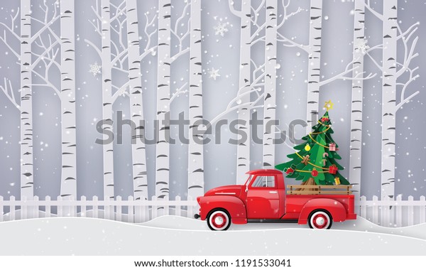  Paper art of Merry Christmas and winter\
season with red truck carry Christmas\
tree.