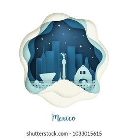 Paper art of Mexico. Origami concept. Night city with stars. Vector illustration.