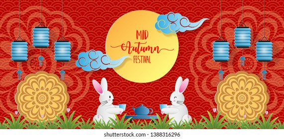 Paper art of mid autumn festival greeting card with cute rabbit drink tea, mooncake, light bulb and cloud on red background. Vector illustration