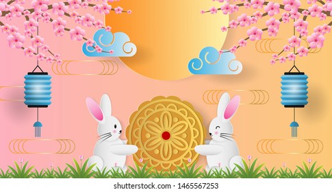 Paper art of mid autumn festival greeting card, banner with cute rabbit, mooncake, light bulb and cherry blossom. Vector illustration