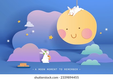 Paper art Mid Autumn festival card. Bunny with pomelo hat and mooncake looking at full moon with smiley face and a rabbit laying on top. Colorful gradient clouds on light blue background.