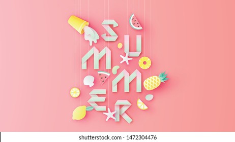 Paper art of mixed fruit juice and tropical fruit hanging from top decorated with paper calligraphy SUMMER. Graphic design for Summer. paper cut and craft style. vector, illustration.