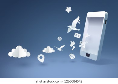 Paper Art Of Mobile Phone And Application Icons, Business And Communication Technology Concept, Vector Art And Illustration.
