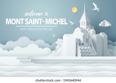 Paper art of Mont Saint- Michelto in France, safe travels and journey concept, vector art and illustration.