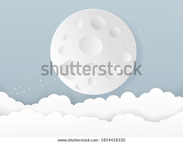 Paper art of moon in the blue sky among\
with stars and cloud. Full moon paper cut\
vector