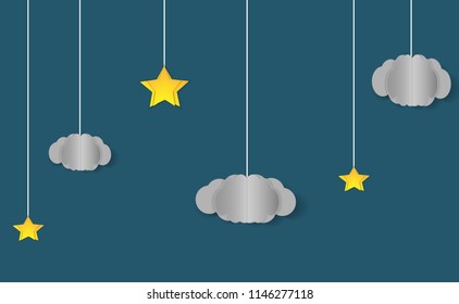 Paper art moon, clouds and stars in midnight. origami paper art style. Vector illustration, dark night sky