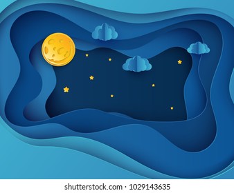 Paper art moon, fluffy clouds and stars in midnight. Modern 3d origami paper art style. Vector illustration, dark night sky
