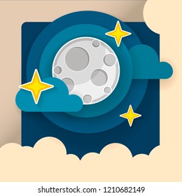 Paper art moon, fluffy clouds and stars in midnight.Origami paper art style. Vector illustration.