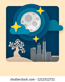 Paper art moon, fluffy clouds and stars in midnight.Origami paper art style. Vector illustration.