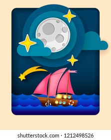 Paper art moon, fluffy clouds and stars in midnight.Origami paper art style. Vector illustration.