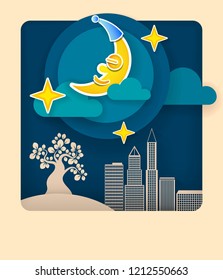 Paper art moon, fluffy clouds and stars in midnight.Origami paper art style. Vector illustration.