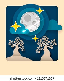 Paper art moon, fluffy clouds and stars in midnight.Origami paper art style. Vector illustration.