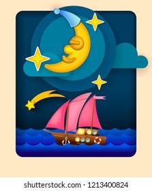 Paper art moon, fluffy clouds and stars in midnight.Origami paper art style. Vector illustration.
