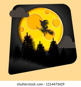 Paper art moon, fluffy clouds and stars in midnight.Origami paper art style. Vector illustration.