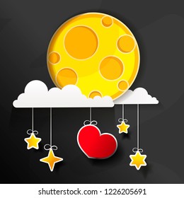 Paper art moon, fluffy clouds and stars in midnight.Origami paper art style. Vector illustration.
