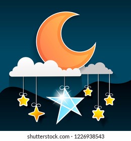 Paper art moon, fluffy clouds and stars in midnight.Origami paper art style. Vector illustration.
