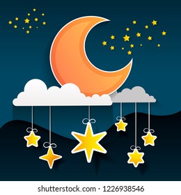 Paper art moon, fluffy clouds and stars in midnight.Origami paper art style. Vector illustration.
