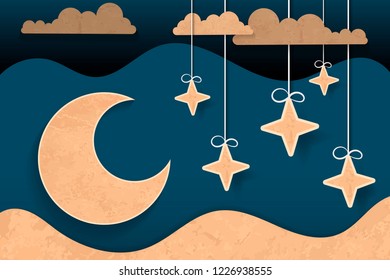 Paper art moon, fluffy clouds and stars in midnight.Origami paper art style. Vector illustration.