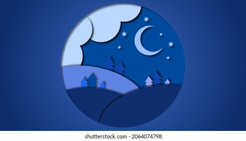 Paper art moon, fluffy clouds and stars in midnight.