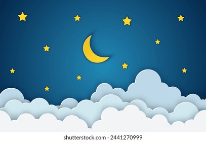 Paper art moon, fluffy clouds and stars in midnight. paper cut and craft style. vector, illustration. 3D abstract background. paper cut shapes.