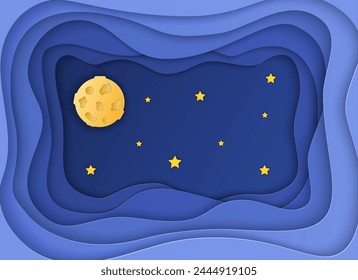 Paper art moon, fluffy clouds and stars in midnight. paper cut and craft style. vector, illustration. 3D abstract background. paper cut shapes.