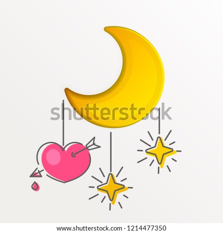 Paper art moon, fluffy clouds and stars in midnight.Origami paper art style. Vector illustration.