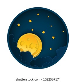 Paper art moon, rays, fluffy clouds and stars in midnight. Modern 3d origami paper art style. Vector illustration, dark night sky