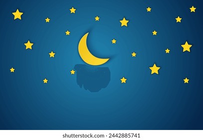 Paper art moon, stars in midnight. paper cut and craft style. vector, illustration. 3D abstract background. paper cut shapes.