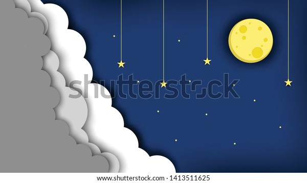 Paper art moon , stars in midnight , Paper\
art style. Vector\
illustration.