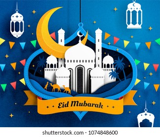 Paper art mosque in lantern shape decorations, Eid Mubarak design