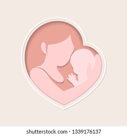 Paper art of mother holding a little baby with her arm in pink heart shaped silhouette and white frame 