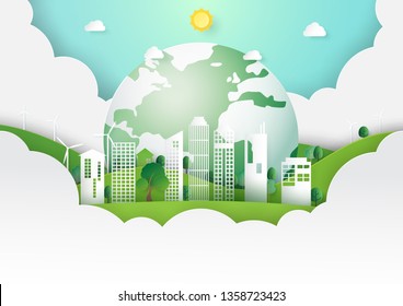 Paper art of nature landscape concept with save the earth and green eco city template background.Ecology and environment conservation concept.Vector illustration.