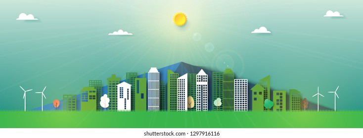 Paper art of nature landscape and green city background template.Save energy for ecology and environment conservation creative idea concept.Vector illustration.