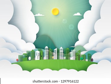 Paper art of nature landscape and green city background template.Ecology and environment conservation creative idea concept.Vector illustration.