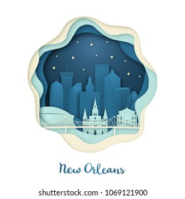 Paper art of New Orlean. Origami concept. Night city with stars. Vector illustration.