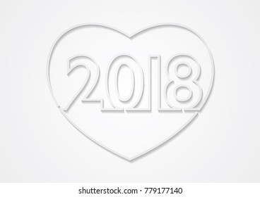 Paper art, New Year 2018 in heart  isolated on gray background. Idea for craft, project, card, design, art, gift, decoration, wallpaper, Vector, presentation, EPS10.