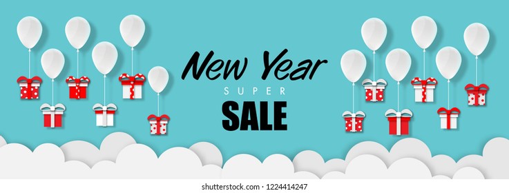 paper art of New Year Super Sale with white balloon color floating and Colorful Gift Box in the air blue sky background,Christmas,New Year,Festival,vector