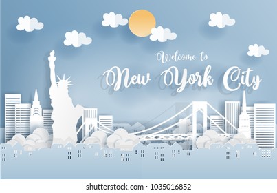 Paper art with New York city, with building, and New York city famous landmarks with blue sky. Welcome to New York city Text. Vector illustration.