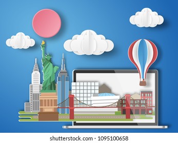 Paper art New york,USA infographic . America cityscape with labtop .