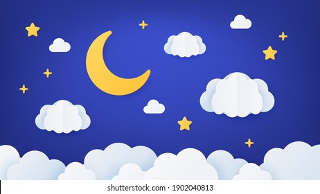 Paper art night sky. Origami dream landscape scene with moon, stars and clouds. Paper cut cartoon decoration for baby sleep, vector concept. Illustration paper cartoon, night decoration with stars