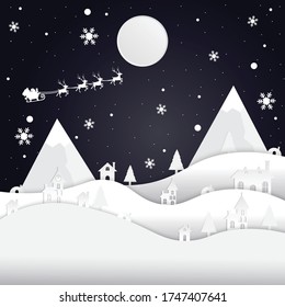 Paper art. Night time. Christmas season. White X'mas with snow flakes and reindeers.