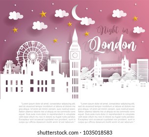 Paper art with Night time in London, with building, and London famous landmarks with night sky and stars. Night in London Text. Vector illustration.