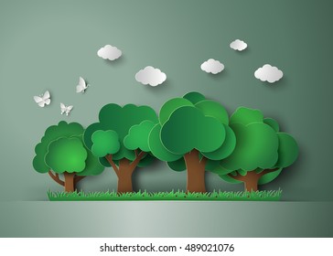 papel arte fora do dia da terra, floresta com árvores e grama.