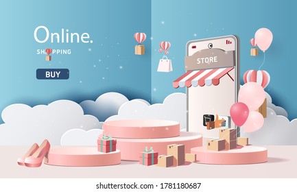 paper art online shopping  on smart phone  buy sell on mobile technology marketing vector illustration.