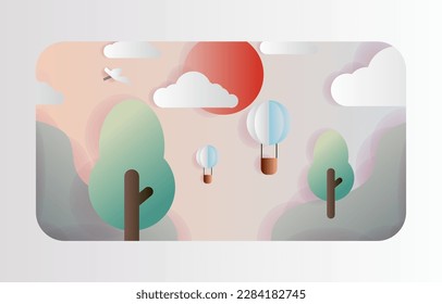 Paper art origami about nature landscape with balloon tree river cloud ocean while sunshine design for kid education infographic handcraft wedding Background Banner presentation and website 