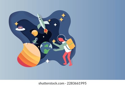 Paper art origami about spaceship flying in galaxy space with Earth Sun Mar  star and pilot design vector for background card letter infographic Banner 