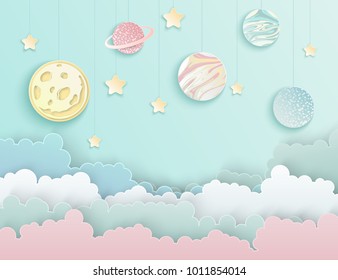 Paper art origami abstract concept with stars, fluffy clouds, full moon, different planets of solar system in pastel colors. Vector illustration