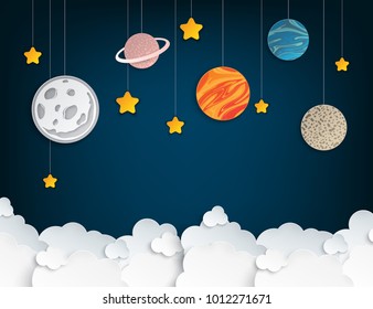 Paper art origami abstract concept with stars, fluffy clouds, full moon, different planets of solar system. Vector illustration