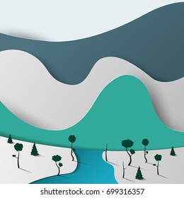 Paper art and origami concept of landscape with rivers and mountains, Vector illustration.