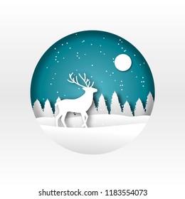 Paper art. Origami. The deer in the winter forest. New Year. Christmas. Silhouette. For printing on postcards. For design.